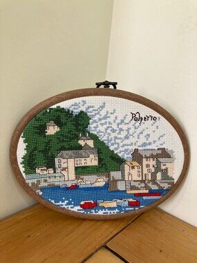 Polperro Cornwall Fishing Village Completed Cross Stitch Framed Embroidery 7.5"